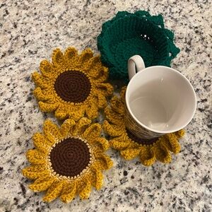 Handmade crochet sunflowers coaster in a basket